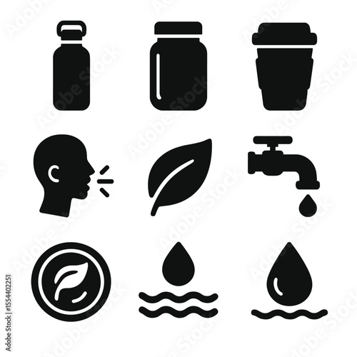 Zero-Waste Icons Grid. Solid, filled icons set of zero-waste drinking solutions: stainless steel bottle,