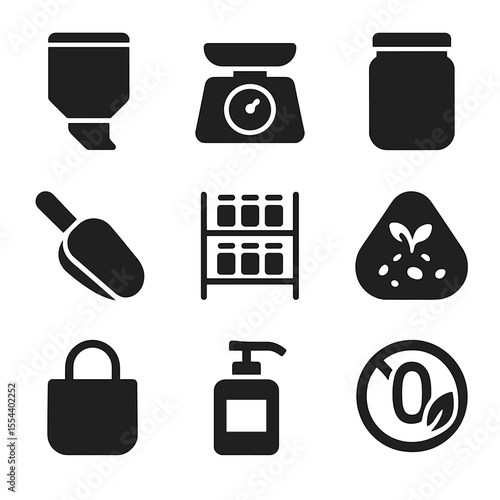 Zero-Waste Store Icons. Solid, filled icons set of zero-waste stores: bulk bin, tare scale, glass container,