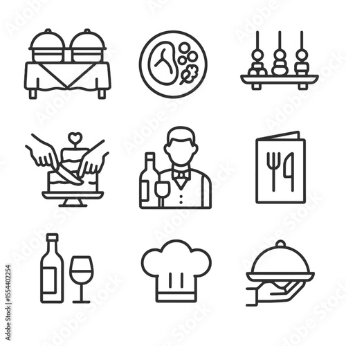 Catering Service Icons. Outline icon set of catering services: buffet table, plated meal, hors d’oeuvre tray, cake cutting,