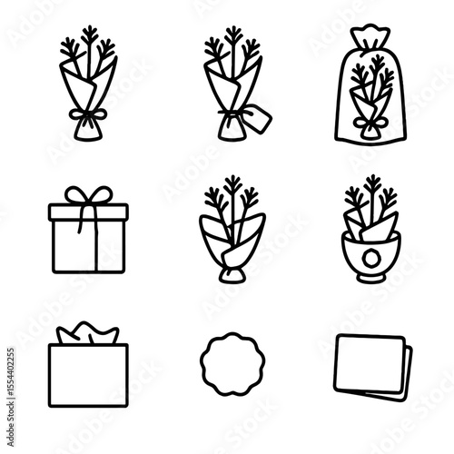 Gift Icon Collection. Outline icon set of Gift-Wrapped Dried Flower Vases: kraft paper wrap, jute string tie, gift tag, cellophane