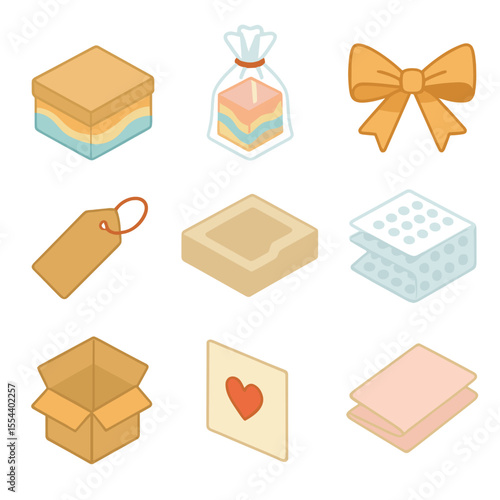 Isometric Gift Packaging Icons. Isometric Flat icon set of sand art gift packaging: gift box, cellophane wrap, ribbon, gift tag,