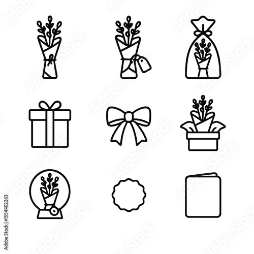 Gift Icon Collection. Outline icon set of Gift-Wrapped Dried Flower Vases: kraft paper wrap, jute string tie, gift tag, cellophane