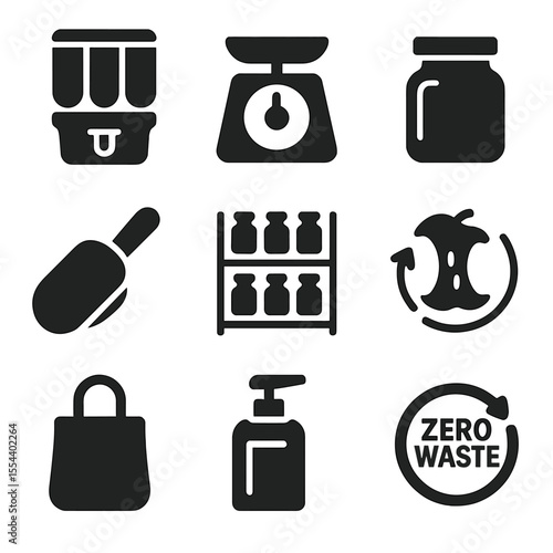 Zero-Waste Store Icons. Solid, filled icons set of zero-waste stores: bulk bin, tare scale, glass container,