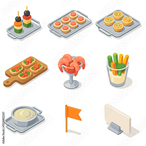 Catering Service Icons. Isometric Flat icon set of catering service trays: hors d’oeuvre skewer, canapé plate, mini quiche tray,