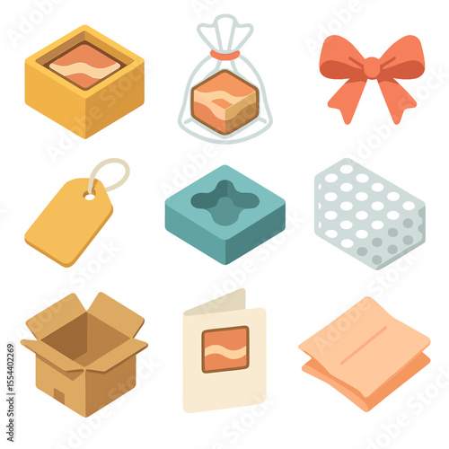 Isometric Gift Packaging Icons. Isometric Flat icon set of sand art gift packaging: gift box, cellophane wrap, ribbon, gift tag,