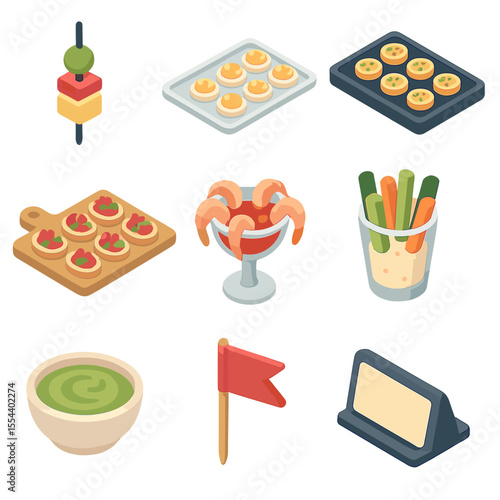 Catering Service Icons. Isometric Flat icon set of catering service trays: hors d’oeuvre skewer, canapé plate, mini quiche tray,
