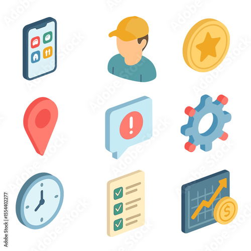 Gig Economy Icons. Isometric Flat icon set of Gig Economy Platforms: smartphone with gig apps, worker avatar, rating badge, map