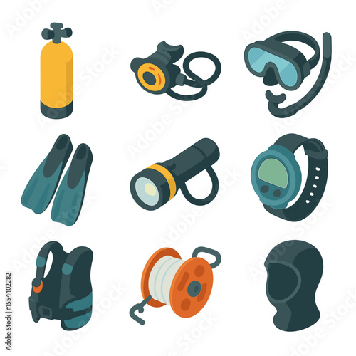Cave Diving Gear Icons. Isometric Flat icon set of cave diving equipment: scuba tank, regulator, dive mask, fins, underwater