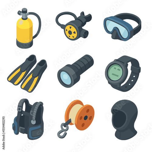 Cave Diving Gear Icons. Isometric Flat icon set of cave diving equipment: scuba tank, regulator, dive mask, fins, underwater