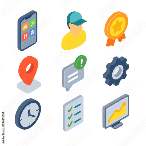 Gig Economy Icons. Isometric Flat icon set of Gig Economy Platforms: smartphone with gig apps, worker avatar, rating badge, map
