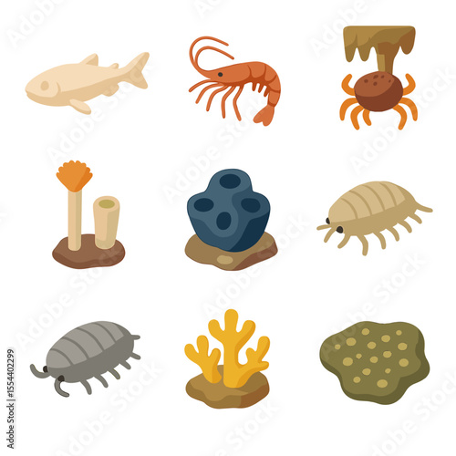 Cave Marine Icons. Isometric Flat icon set of cave-dwelling marine life: blind cavefish, cave shrimp, stalactite crab, tube worm,