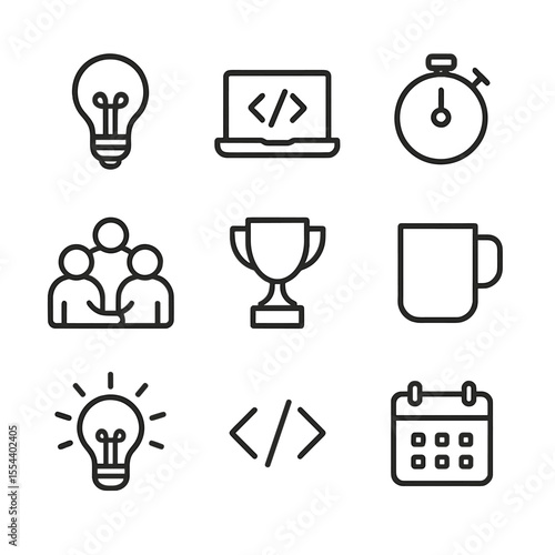 Hackathon Icon Set. Outline icon set of hackathons and innovation events: light bulb, laptop code, stopwatch, team huddle, trophy,