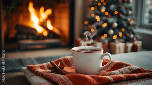 White mug placed on a red plaid blanket near a fireplace and decorated Christmas tree.