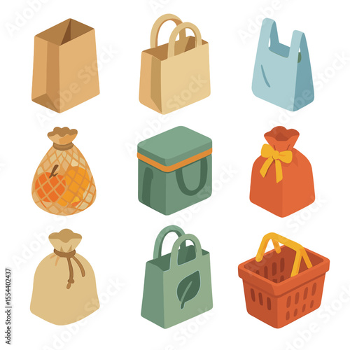 Grocery Bag Icons. Isometric Flat icon set of grocery bag designs: paper bag, reusable tote, plastic bag, mesh produce bag,