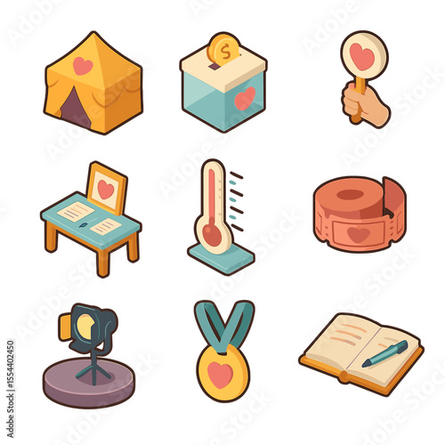 Charity Auction Icons. Isometric Flat icon set of charity and benefit auction events: charity gala tent, donation box, charity