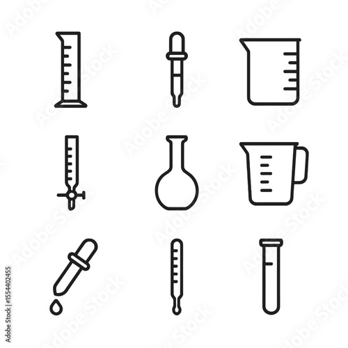 Lab Instrument Icons. Outline icon set of liquid measuring instruments: graduated cylinder, pipette, beaker, burette, volumetric