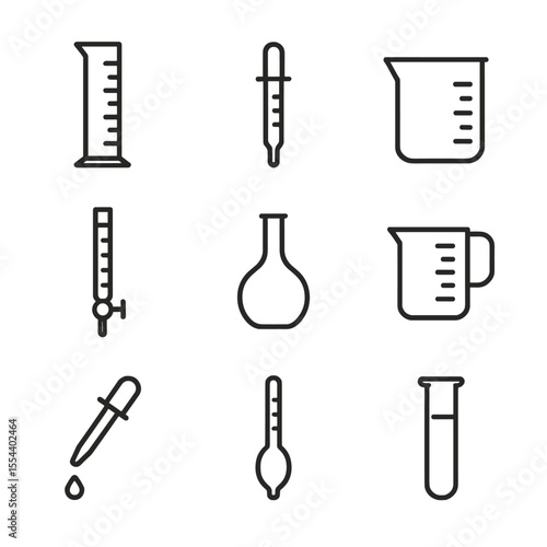 Lab Instrument Icons. Outline icon set of liquid measuring instruments: graduated cylinder, pipette, beaker, burette, volumetric
