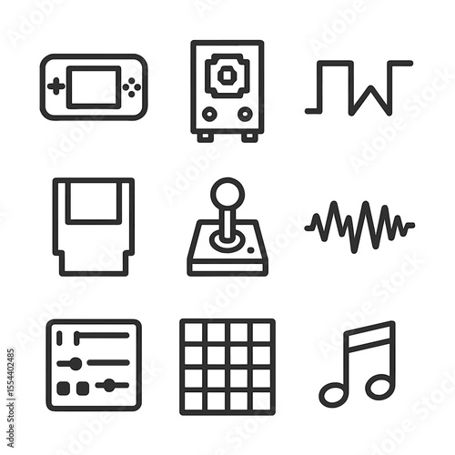 Chiptune Elements Icons. Outline icon set of chiptune elements: 8-bit console, pixelated speaker, square wave icon, triangle wave