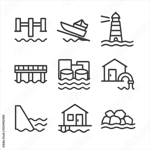 Lake Infrastructure Icons. Outline icon set of Lake Infrastructure: marina docks, boat ramp, lighthouse, pier, water treatment