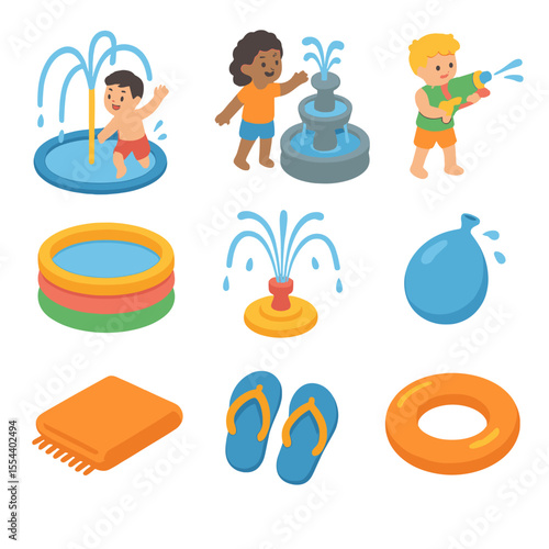 Children's Water Game Icons. Isometric Flat icon set of children playing water games: splash pad, water fountain, water gun,