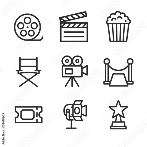 Cinema Festival Icons. Outline icon set of film and cinema festivals: film reel, clapperboard, popcorn, director chair, camera,