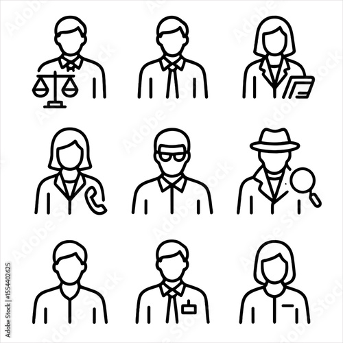 Legal Team Icons. Outline icon set of Legal Representation Team: lead attorney, junior associate, paralegal figure, legal