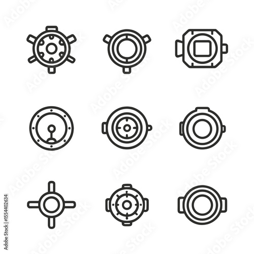 Historical Docking Icons. Outline icon set of Historical Docking Systems: APAS-95, Androgynous Docking System, Common Berthing