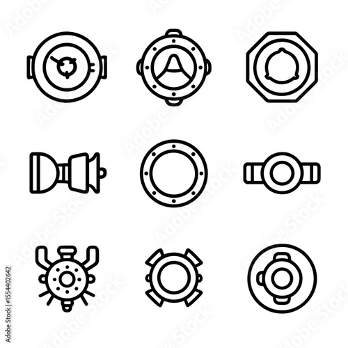 Historical Docking Icons. Outline icon set of Historical Docking Systems: APAS-95, Androgynous Docking System, Common Berthing