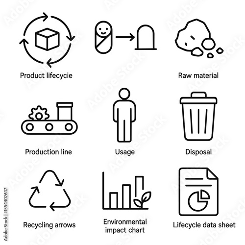 Lifecycle Assessment Icons. Outline icon set of Lifecycle Assessment: product lifecycle diagram, cradle-to-grave icon, raw