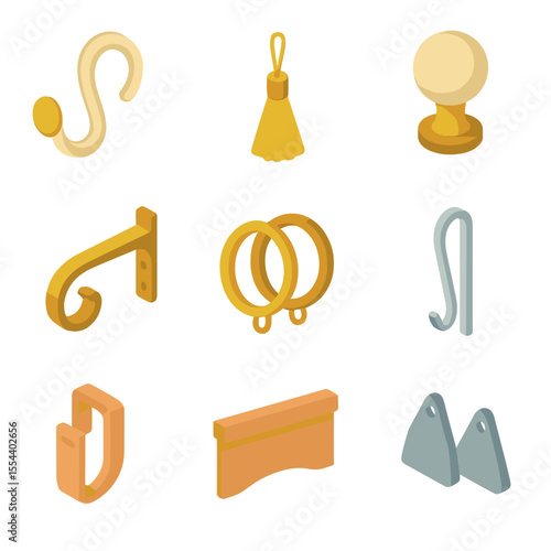 Linen Curtain Accessories Icons. Isometric Flat icon set of linen curtain accessories: drapery tieback, tassel, finial, bracket,