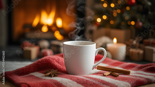 A cozy hot drink sits on a red blanket with glowing candles and festive decor in the background.