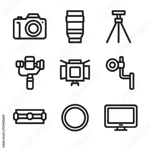 Cinematography Equipment Icons. Outline icon set of Cinematography Equipment: camera body, lens, tripod, gimbal stabilizer, matte