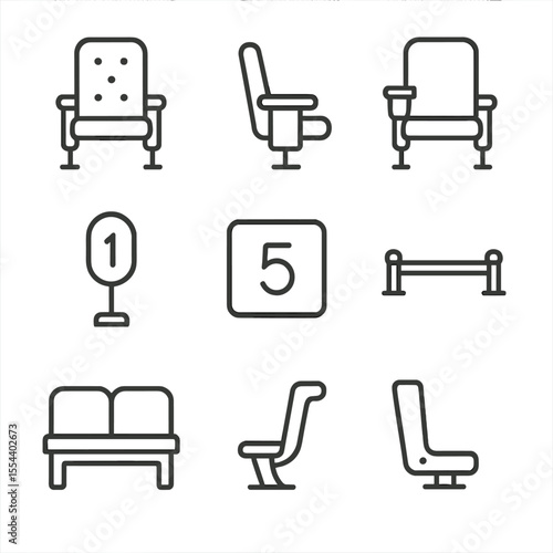 Cinema Seating Icons. Outline icon set of Old-School Cinema Seating: velvet seat, folding seat back, cup holder, armrest, aisle