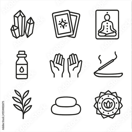 Holistic Healing Icons. Outline icon set of holistic healing retreat tools: crystals, tarot cards, chakra chart, essential oil