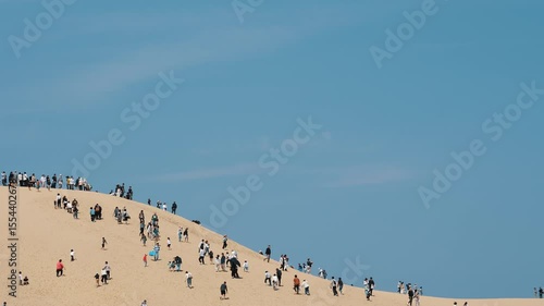 Iconic Japanese desert landscape featuring people ocean horizon.