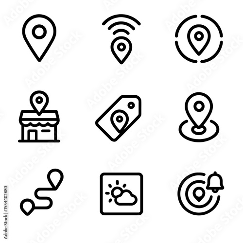 Location Icon Set. Outline icon set of Location-Based Personalization: map pin, GPS signal, geofence outline, nearby store icon,