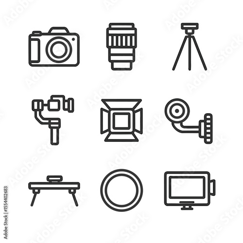 Cinematography Equipment Icons. Outline icon set of Cinematography Equipment: camera body, lens, tripod, gimbal stabilizer, matte
