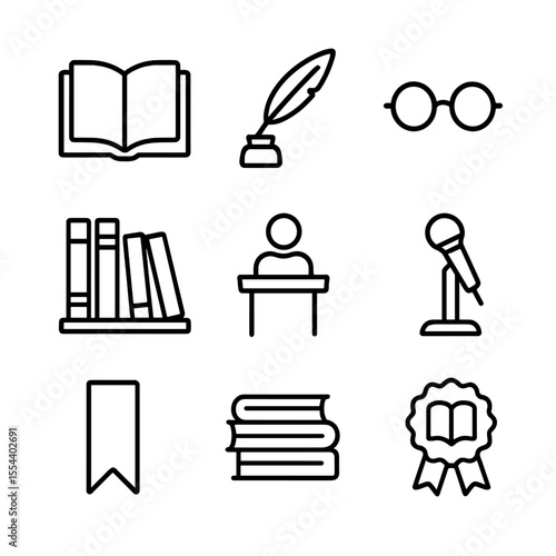 Literary Festival Icons. Outline icon set of literary and book festivals: open book, quill pen, reading glasses, bookshelf, author