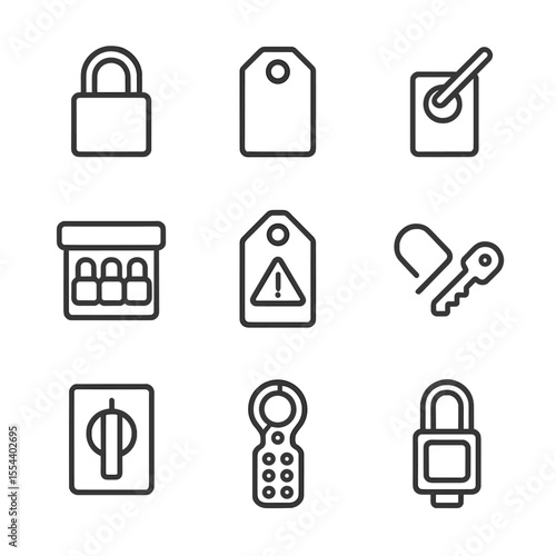 Lockout-Tagout Icon Set. Outline icon set of Lockout-Tagout Procedures: padlock, tag label, energy isolating switch, lockout