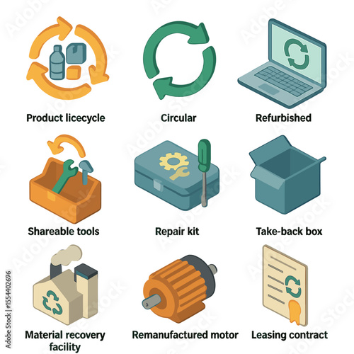 Circular Economy Icons. Isometric Flat icon set of circular economy practices: product lifecycle loop, circular arrow, refurbished
