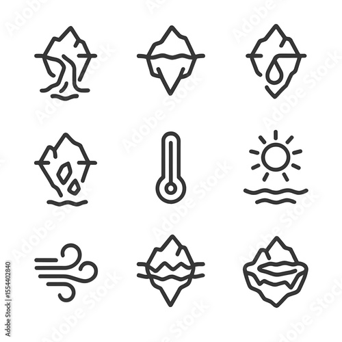 Iceberg Melting Indicators Icons. Outline icon set of iceberg melting indicators: meltwater stream, thinning layer, drip icon, ice