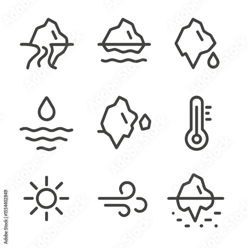 Iceberg Melting Indicators Icons. Outline icon set of iceberg melting indicators: meltwater stream, thinning layer, drip icon, ice