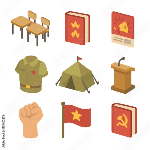 Ideology Icon Set. Isometric Flat icon set of indoctrination and ideological education: classroom desks, indoctrination handbook,