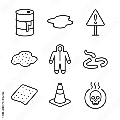 Industrial Spill Icons. Outline icon set of Industrial Spill Debris: leaking drum barrel, spilled chemical pool, warning placard,