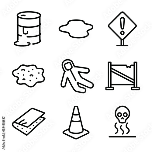 Industrial Spill Icons. Outline icon set of Industrial Spill Debris: leaking drum barrel, spilled chemical pool, warning placard,