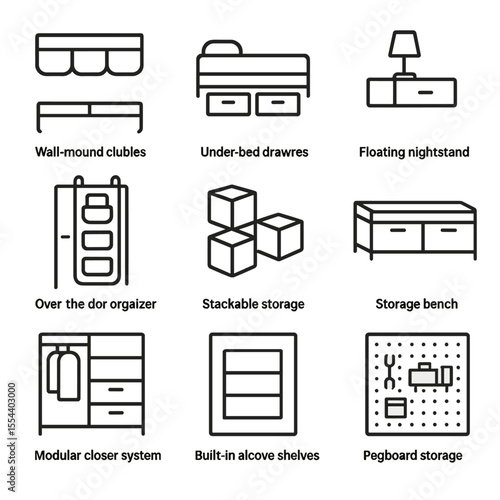 Innovative Storage Icons. Outline icon set of Innovative Storage Solutions: wall-mounted cubbies, under-bed drawers, floating