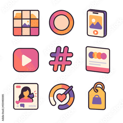Instagram Growth Icons. Isometric Flat icon set of Instagram Growth Tactics: Instagram feed grid, story highlight circle, IGTV