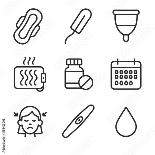 Menstrual Health Icons. Outline icon set of menstrual health: sanitary pad, tampon, menstrual cup, heating pad, pain reliever,