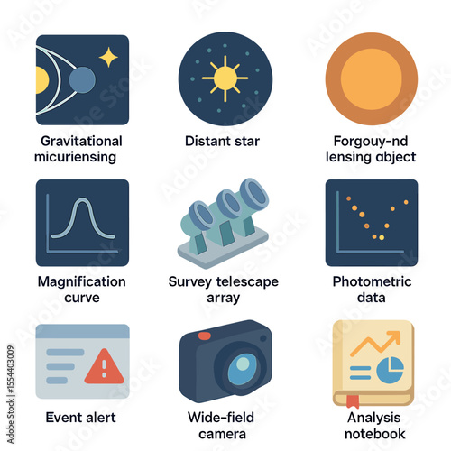 Microlensing Icon Set. Isometric Flat icon set of microlensing surveys: gravitational lensing diagram, distant star, foreground