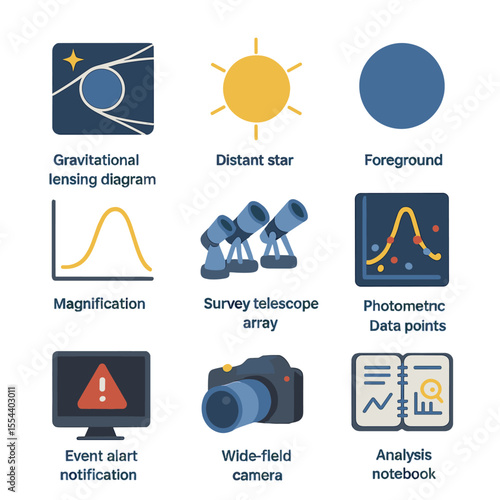 Microlensing Icon Set. Isometric Flat icon set of microlensing surveys: gravitational lensing diagram, distant star, foreground
